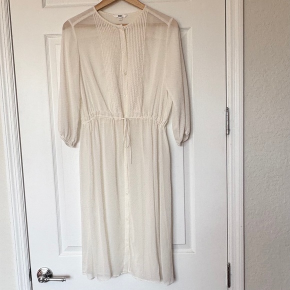 Uniqlo Button-Down Front Pintuck Midi Dress M Tie-Waist - Picture 3 of 15